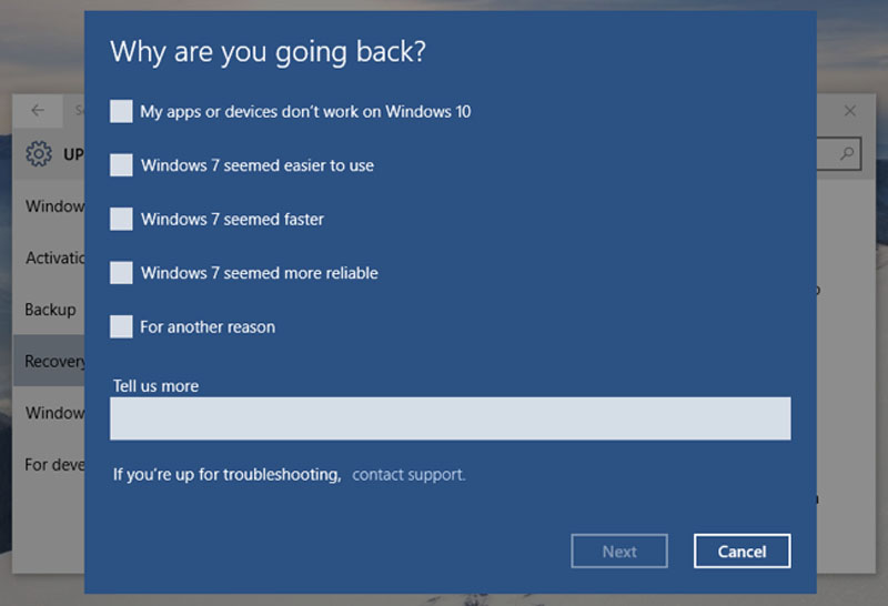 Windows 10 Going Back