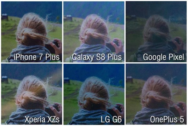 مقایسه صفحه نمایش‌ گلکسی اس 8 پلاس، آیفون 7 پلاس، ال جی جی 6، گوگل پیکسل، اکسپریا ایکس زد اس و وان پلاس 5