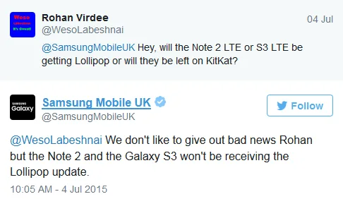 Samsung :No Lollipop for Samsung Galaxy Note II or Samsung Galaxy S III