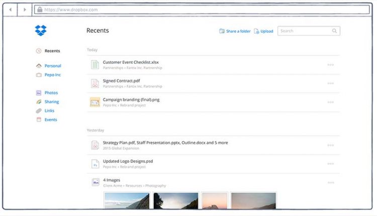 دراپ باکس Recents