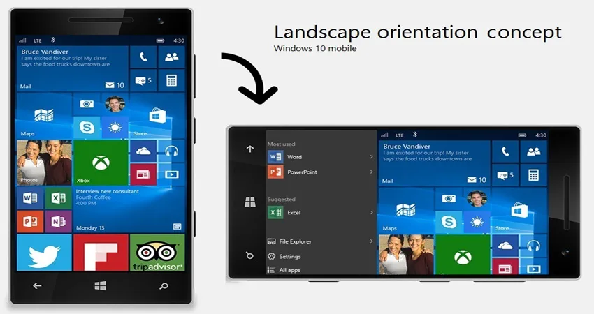 طرح مفهومی حالت افقی در ویندوز 10 موبایل