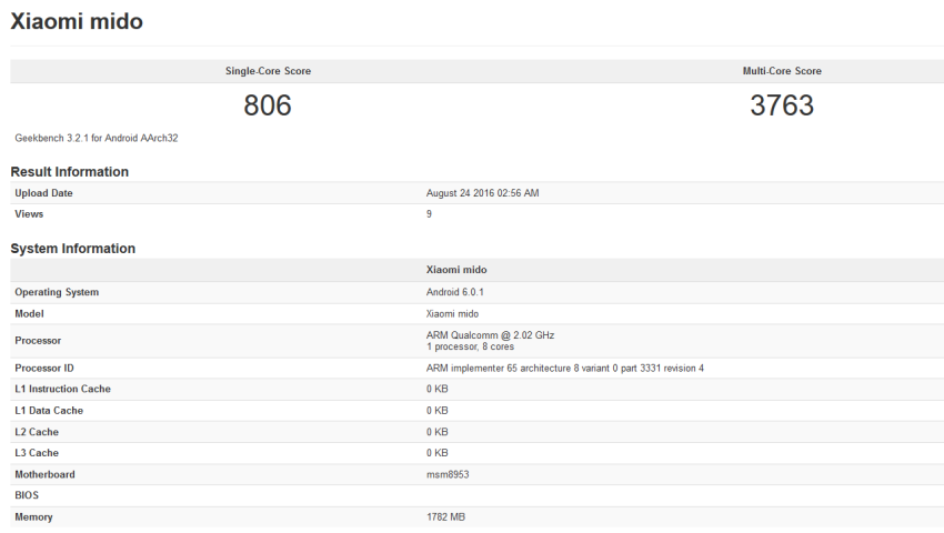 Xiaomi Mido با اسنپ‌دراگون 625 و 2 گیگابایت رم در سایت GeekBench رویت شد