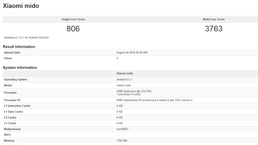Xiaomi Mido با اسنپدراگون 625 و 2 گیگابایت رم در سایت GeekBench رویت شد