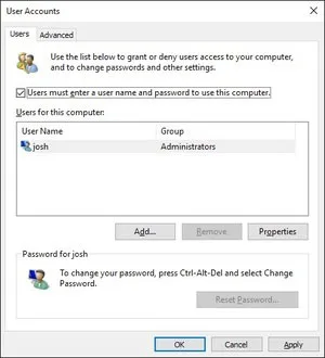 پنجره user accounts
