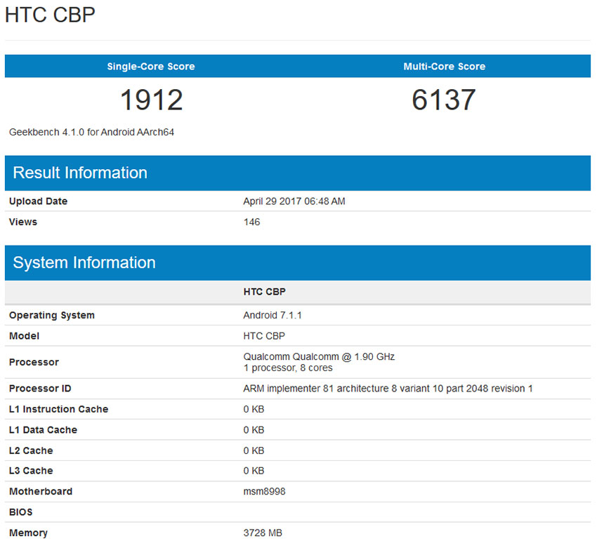 اچ‌تی‌سی یو 11 در تست Geekbench