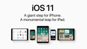 نمایی از آیفون با صفحه معرفی ویژگی‌های جدید iOS 11 و لوگوی اپل نمایی از آیفون با صفحه معرفی ویژگی‌های جدید iOS 11 و لوگوی اپل