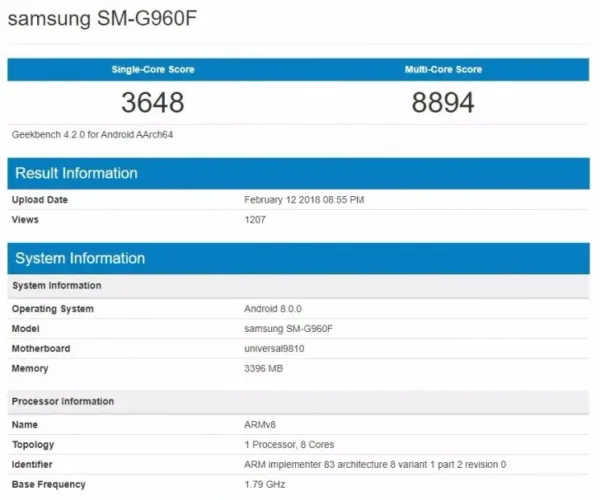گلکسی اس 9 در Geekbench