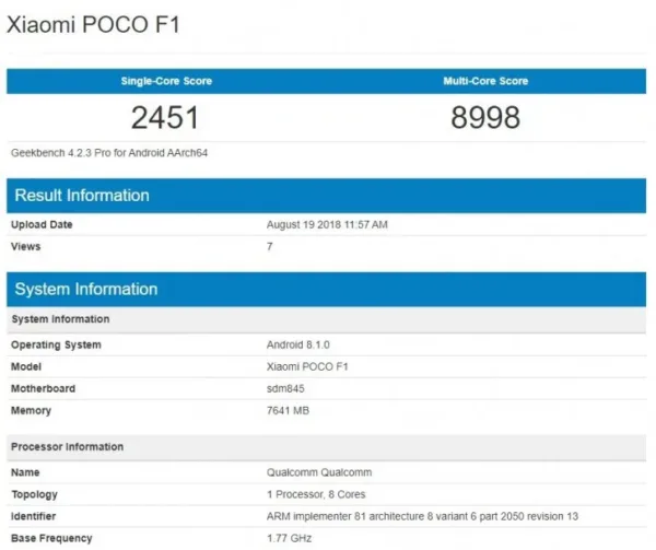 شیائومی پوکوفون اف 1 در نتایج Geekbench