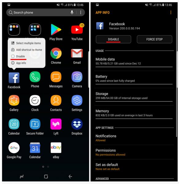 Disable an Android app