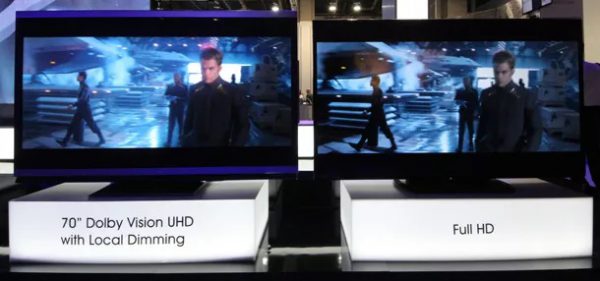 HDR می تواند جلوه های روشن تر را ارائه دهد، همانطور که در تلویزیون سمت راست دیده می شود.
