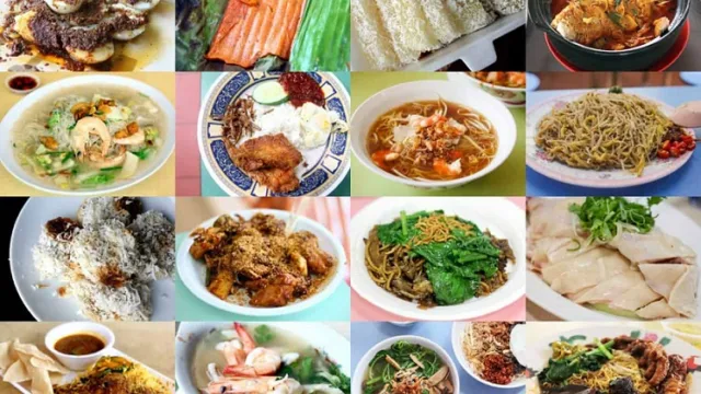 میز پر از غذاهای متنوع خیابانی مالزی شامل ناسی لماک و نودل در حال سرو در کوالالامپور