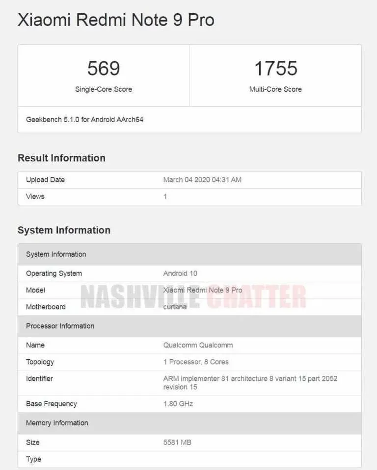 لیست نتایج Geekbench ردمی نوت 9 پرو