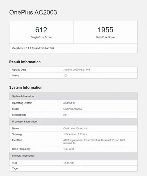 امتیازات وان پلاس زد در Geekbench