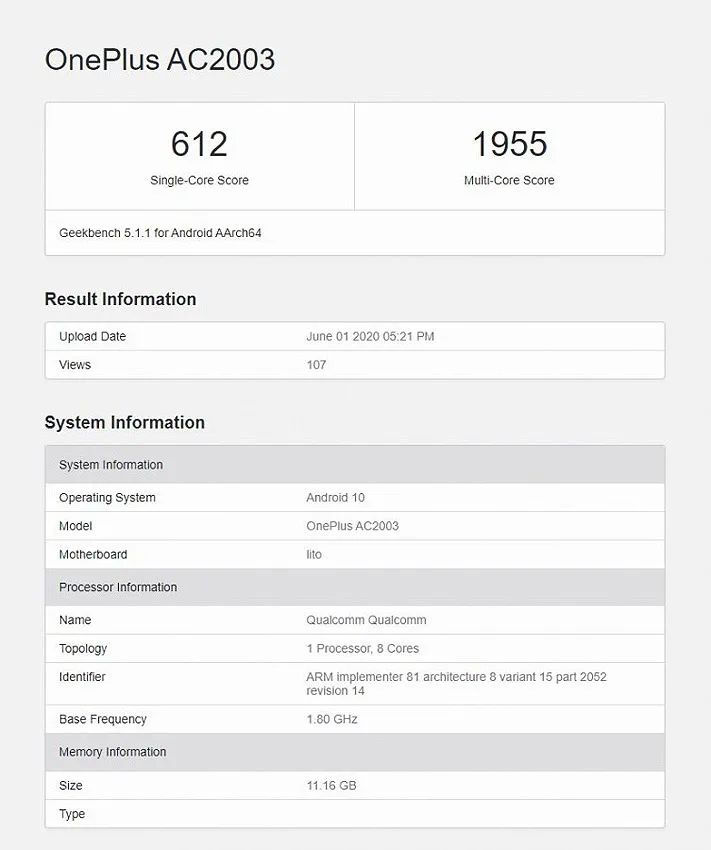 امتیازات وان پلاس زد در Geekbench