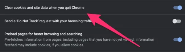 گزینه clear cookies and site data on exit در کروم
