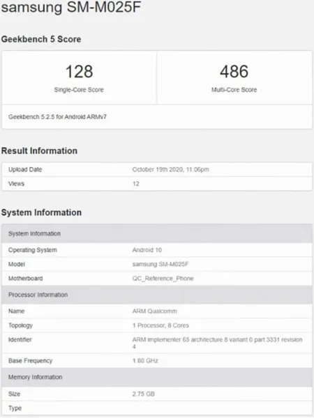 نمرات گلکسی ام 02 در Geekbench