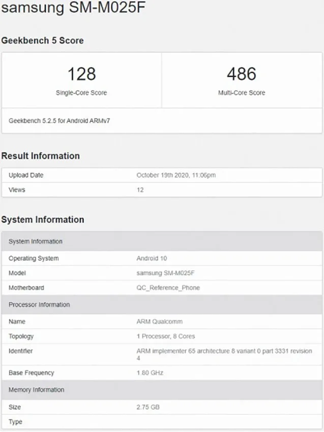 نمرات گلکسی ام 02 در Geekbench