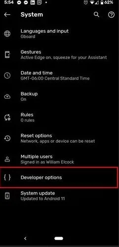 گزینهی Developer Options