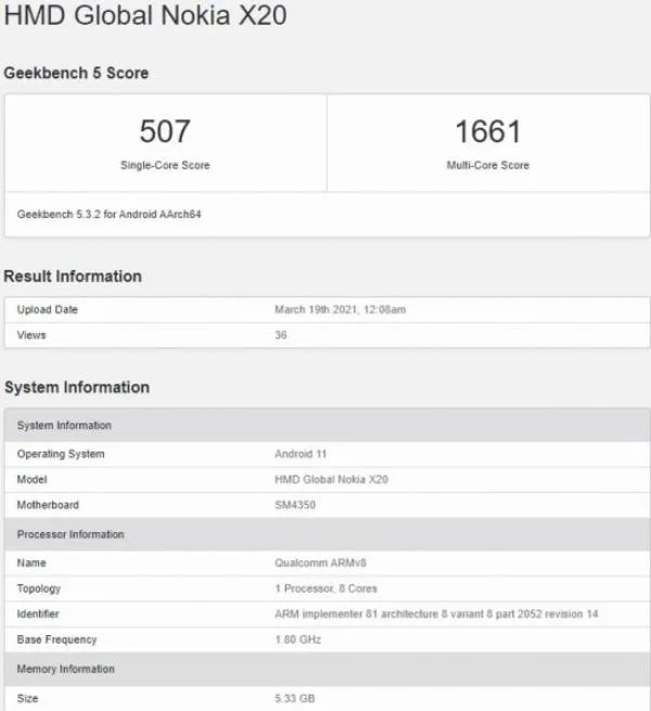 نتیجه تست نوکیا ایکس 20 در Geekbench