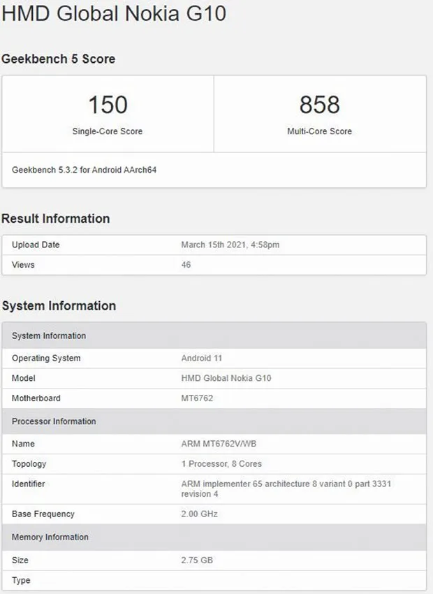 نتایج تست نوکیا جی 10