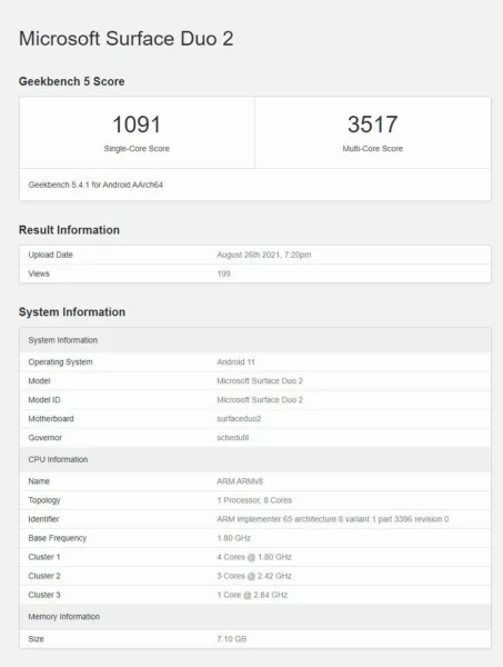 سرفیس دوئو 2 در تست بنچمارک Geekbench