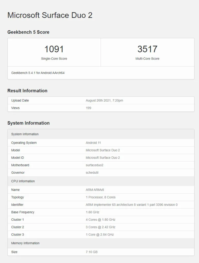 سرفیس دوئو 2 در تست بنچمارک Geekbench