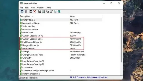 بررسی سلامت باتری لپ تاپ با استفاده از BatteryInfoView