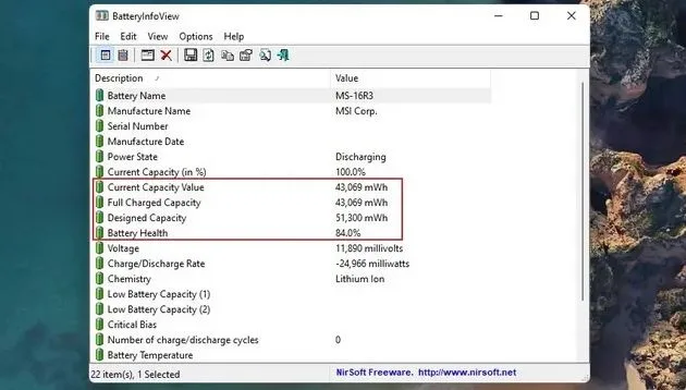 بررسی سلامت باتری لپ تاپ با استفاده از BatteryInfoView