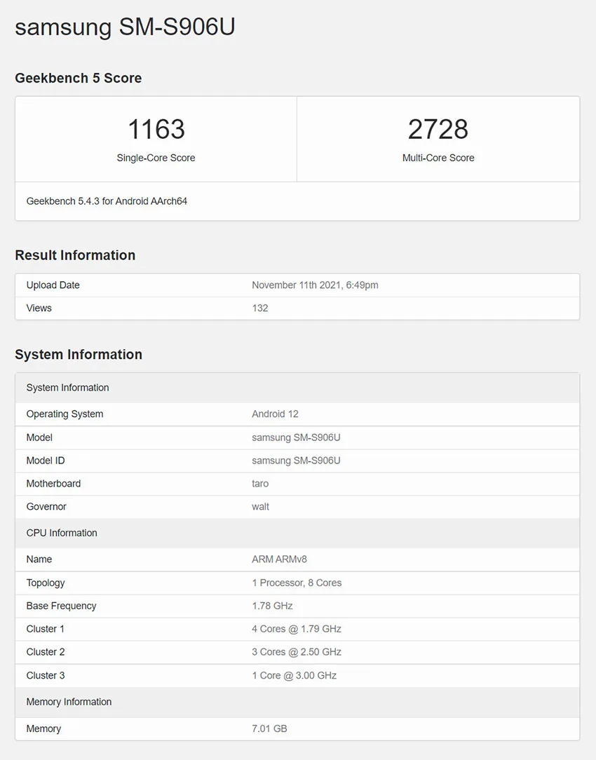گلکسی اس 22 پلاس در Geekbench
