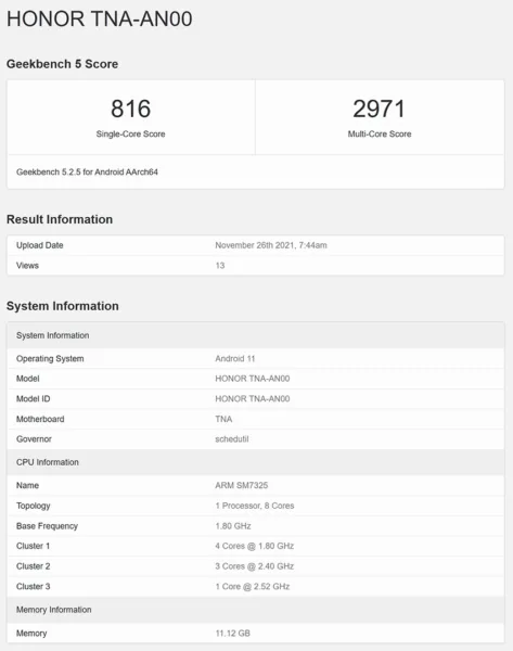 آنر 60 در تست GeekBench