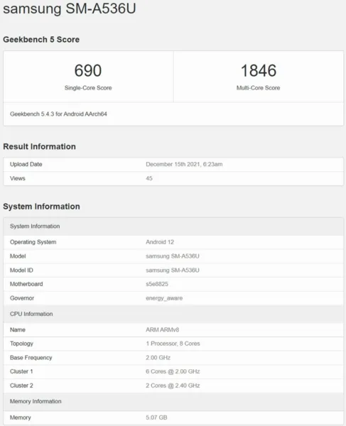 گلکسی ای 53 فایو جی در Geekbench