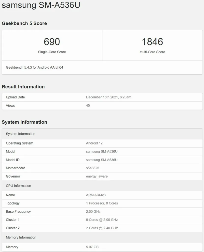 گلکسی ای 53 فایو جی در Geekbench