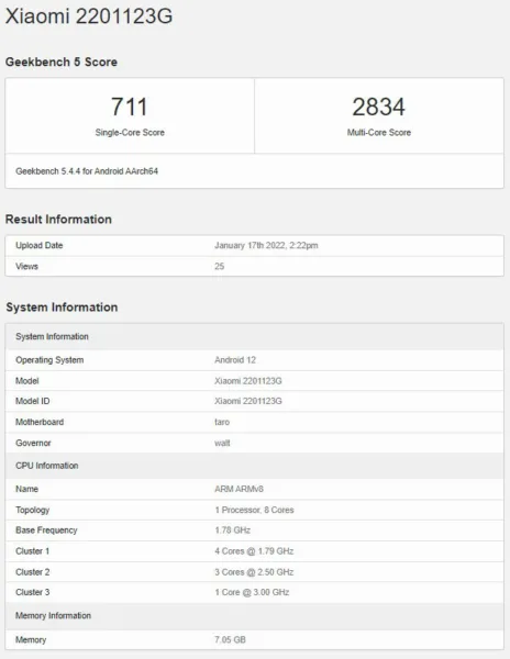 شیائومی 12 در Geekbench