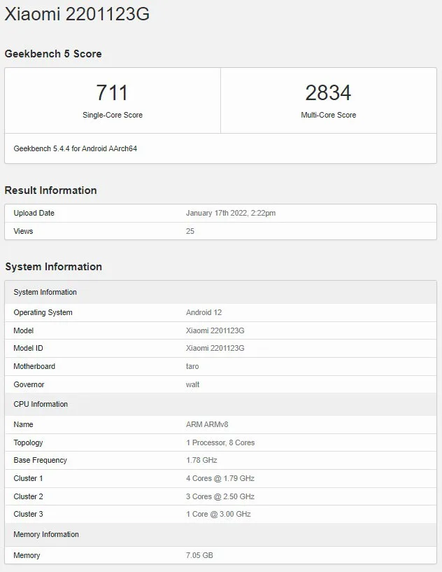شیائومی 12 در Geekbench