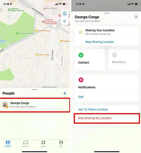 متوقف کردن ارسال لوکیشن با افراد در Find My