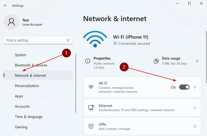 خاموش و روشن کردن وای-فای در ویندوز 11 با استفاده از Settings