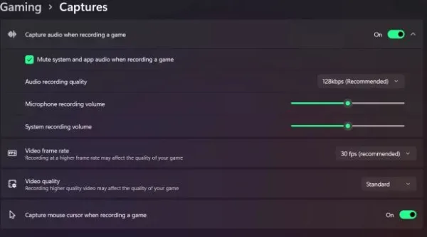 تنظیمات Xbox Gamebar برای ضبط ویدیو از صفحه نمایش 3