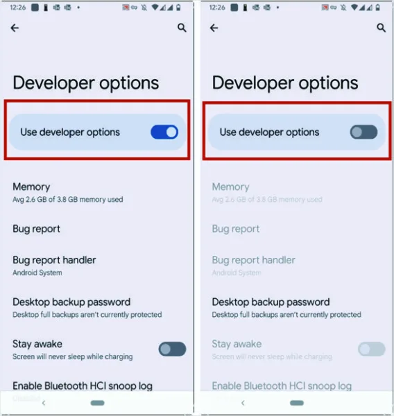 “Developer options” را غیرفعال کنید