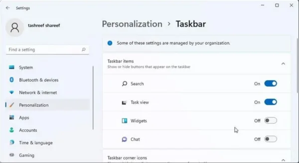 Taskbar settings