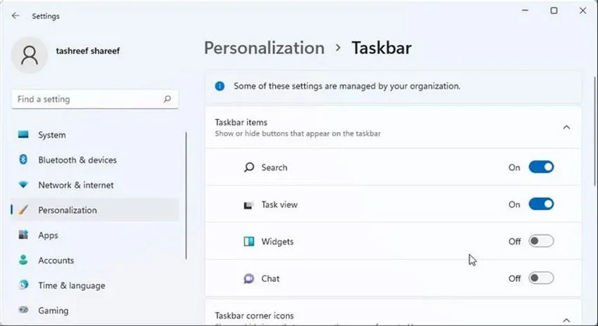 Taskbar settings