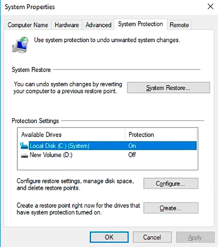 تنظیمات System Restore