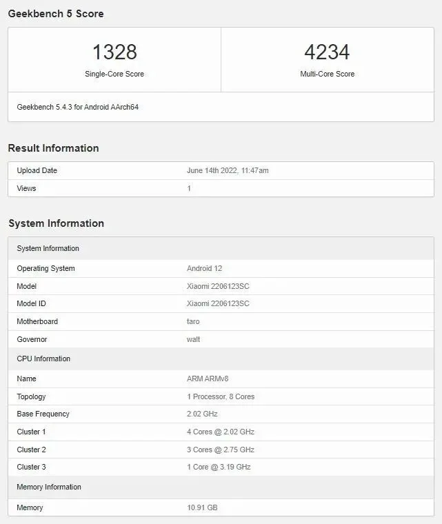 شیائومی 12 اس در Geekbench
