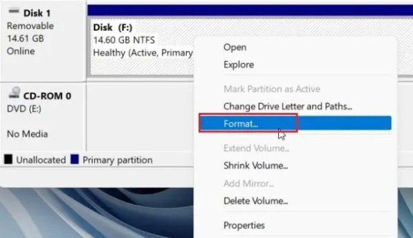 فرمت کردن هارد درایو یا SSD در ویندوز 11