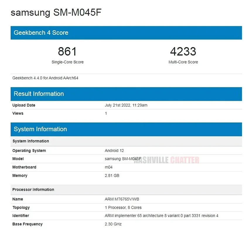 نتایج گلکسی M04 در Geekbench