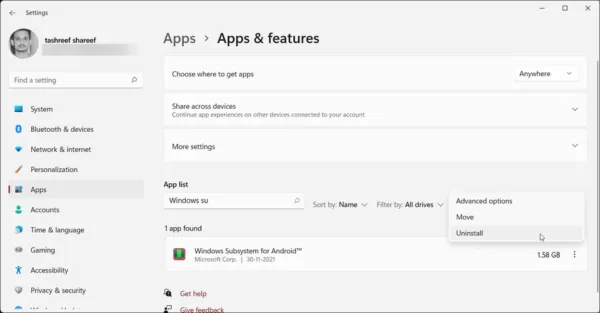 حذف Android Subsystem for Android