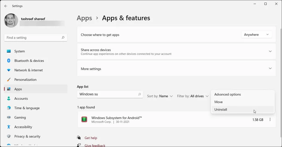 حذف Android Subsystem for Android