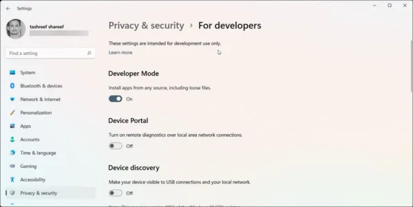 حالت Developer Mode ویندوز 11