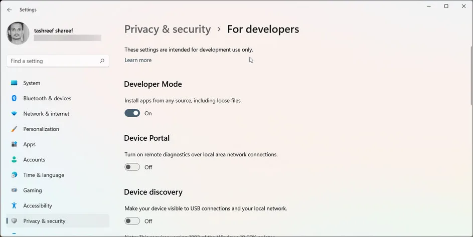 حالت Developer Mode ویندوز 11