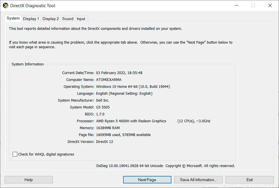 DirectX Diagnostic Tool