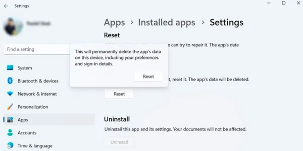 ریست کردن برنامه تنظیمات ویندوز 11